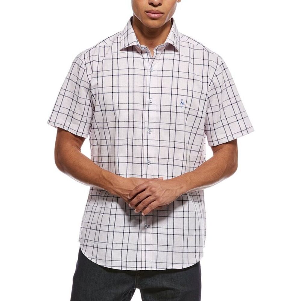 Tailorbyrd Mens  Yarn Dyed Large Check Linen-Blend Shirt, Pink